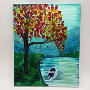 Original Landscape Acrylic Painting Canvas Autumn Tree Lake Boat Swing Teal Art
